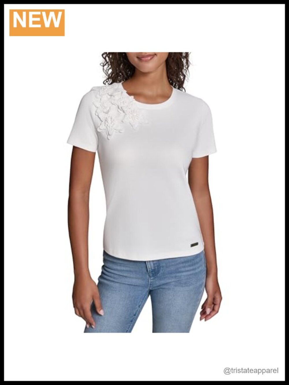 Karl Lagerfeld Ribbed Knit Short Sleeve Floral Embroidered Button Down Blouse